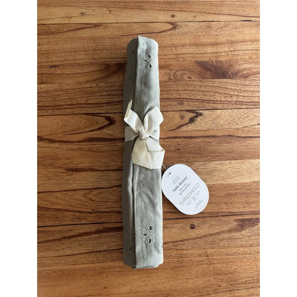 Table Runner 100% Cotton Eyelet Green Threshold 14” X 72”